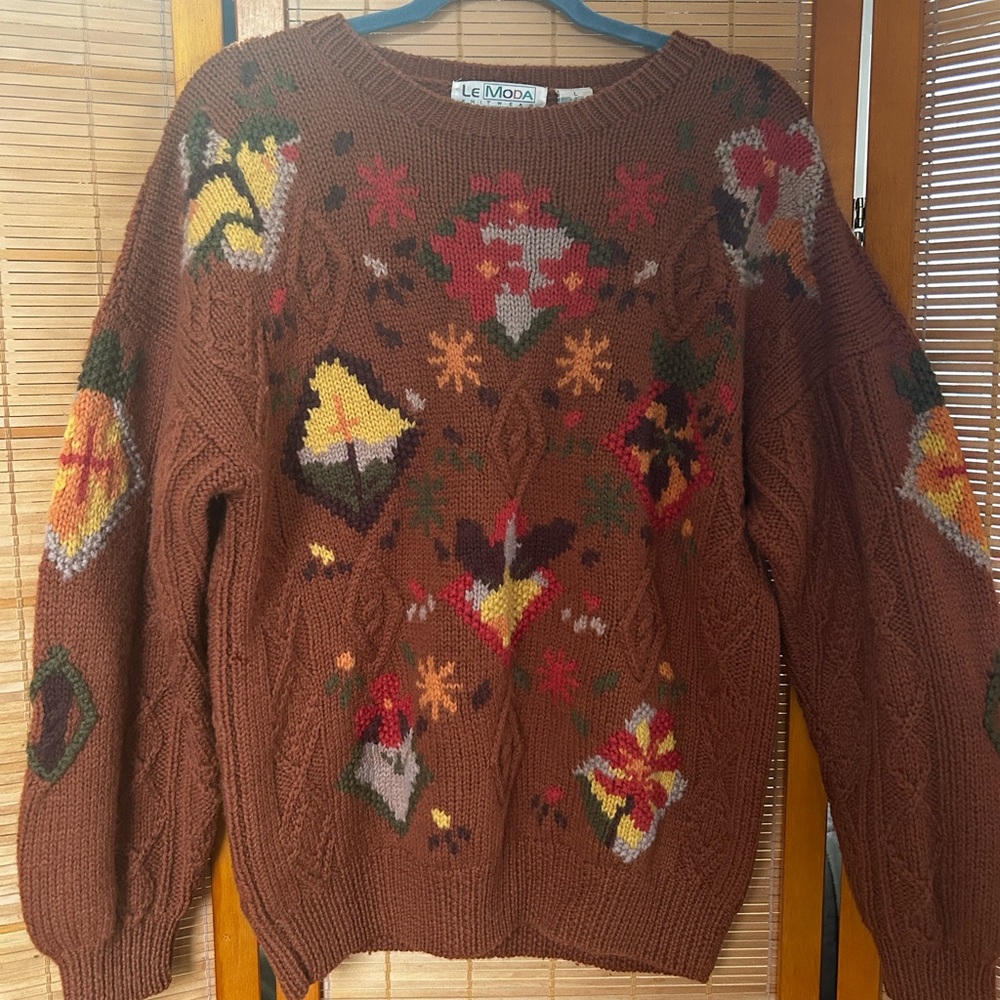 Vintage Le Moda Hand-Knit 100% Wool Sweater | Folk Art Floral Cable Knit | Sz L